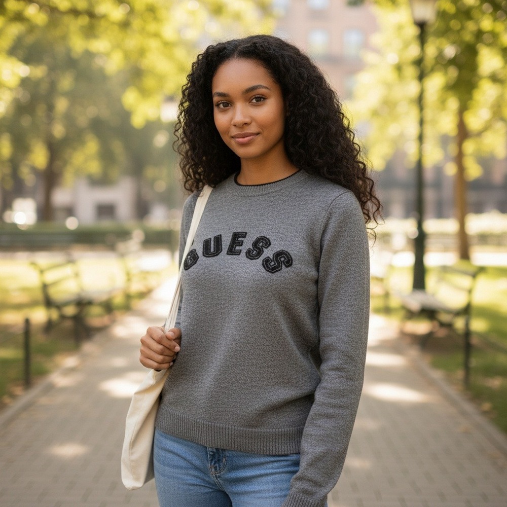 VTG GUESS Jeans‎ Women's Gray Sweater Long Sleeve Crew Neck Applique Logo Size M